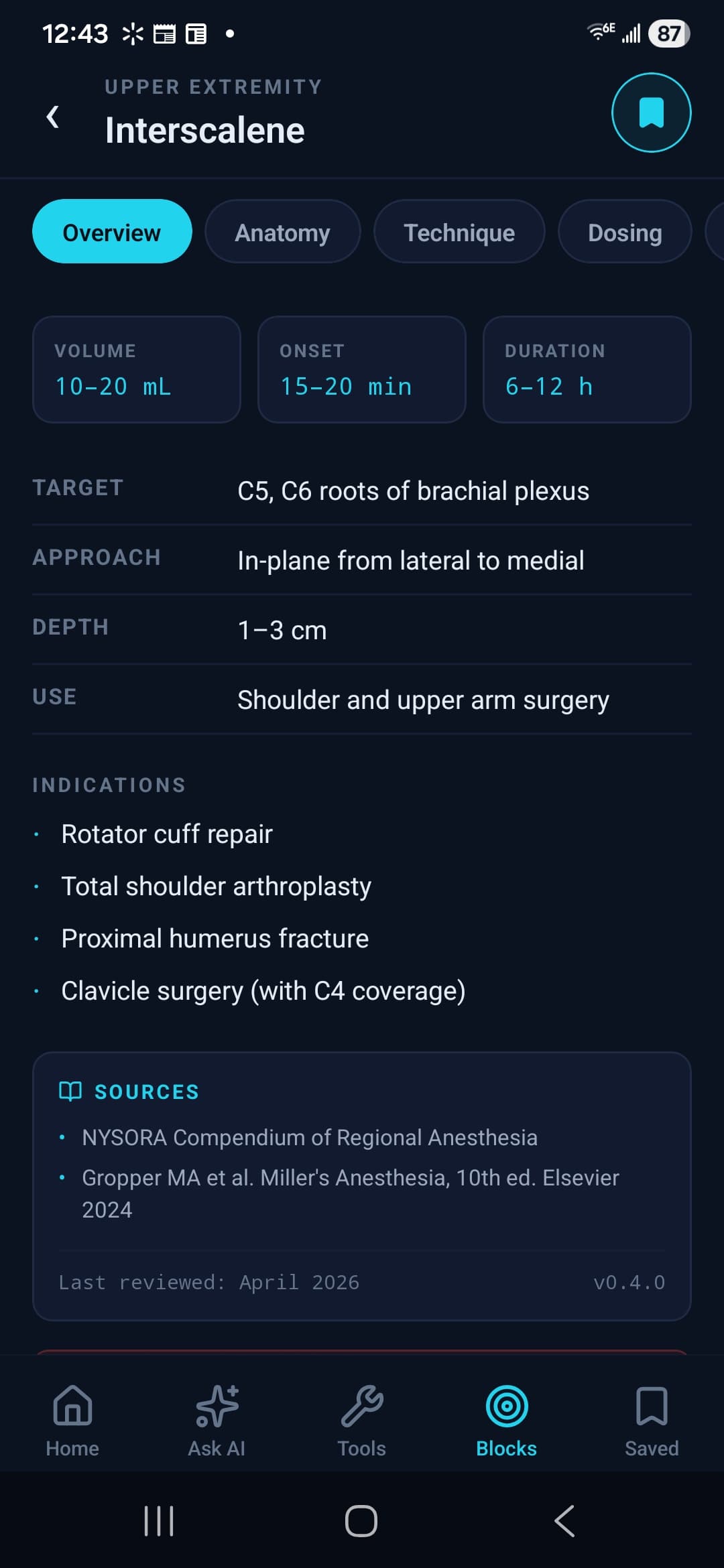 Interscalene block reference with anatomy, dose, indications, sources