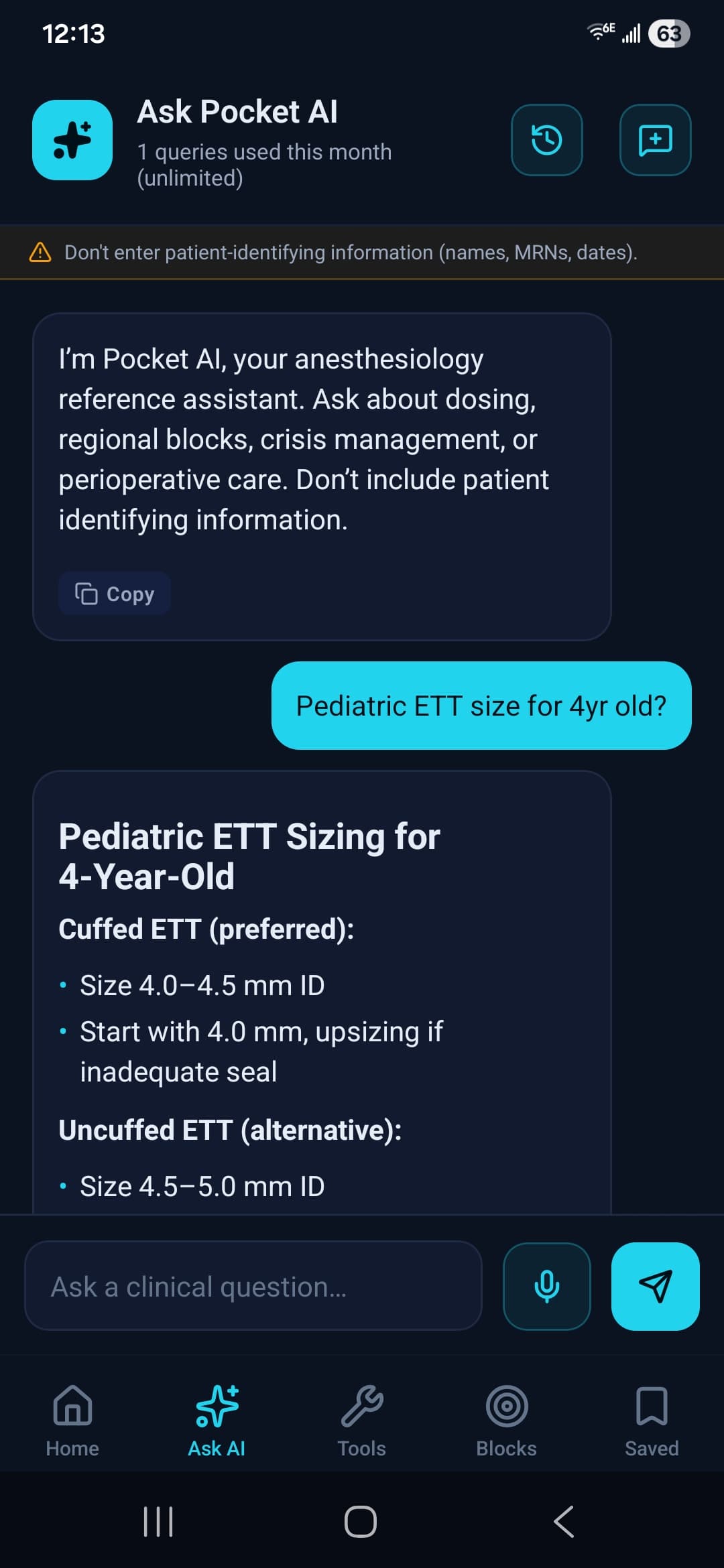 Helix Anesthesia multi-turn chat — pediatric ETT sizing example