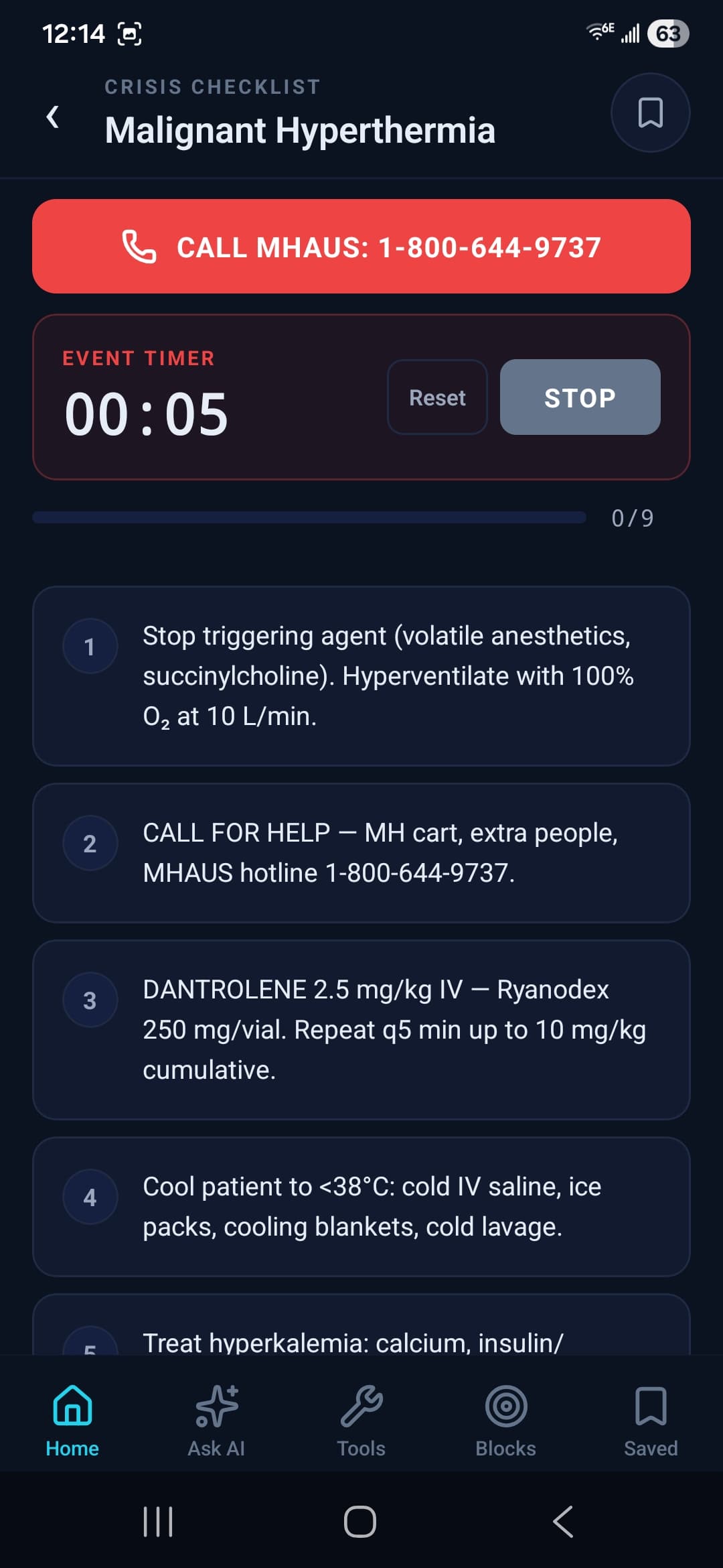 Malignant Hyperthermia crisis checklist with event timer running