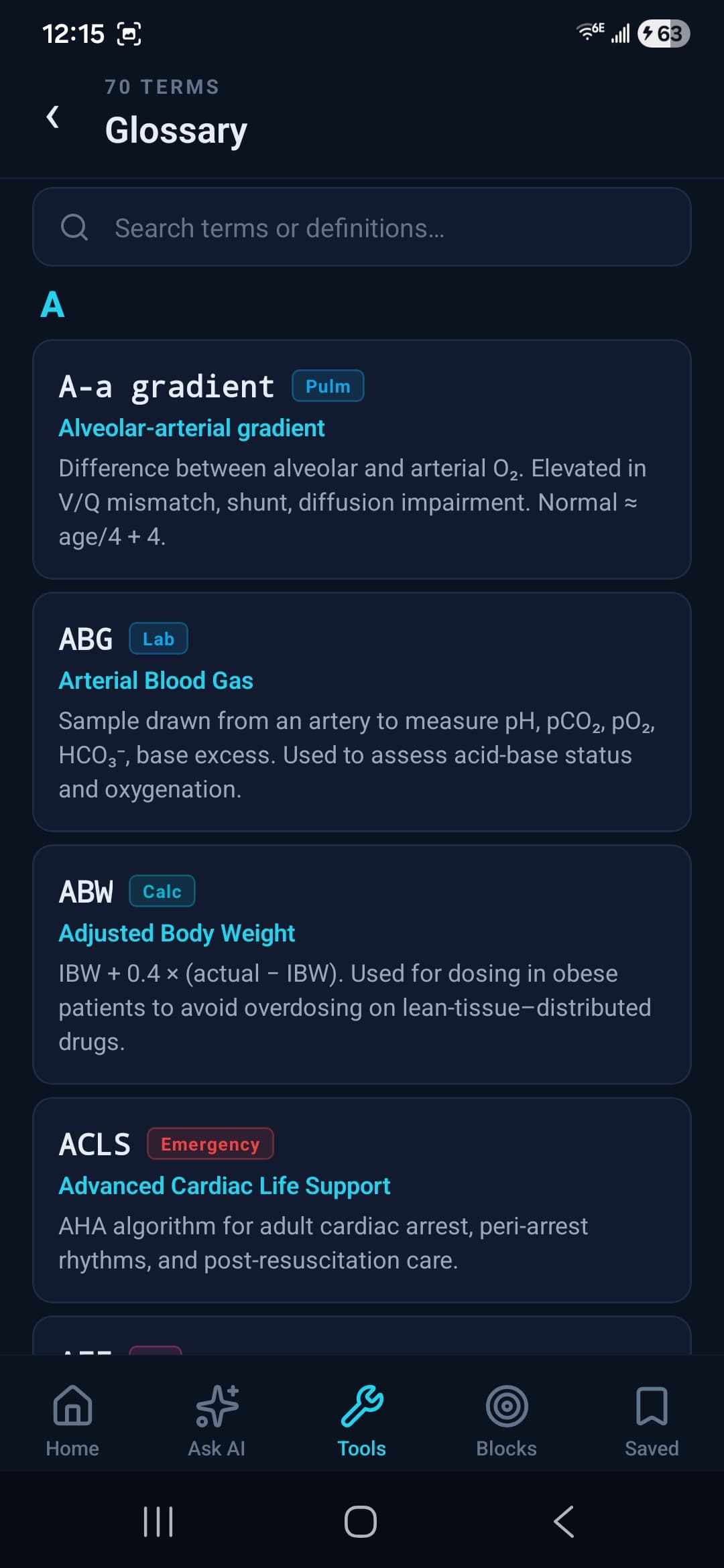 Searchable glossary of anesthesia abbreviations
