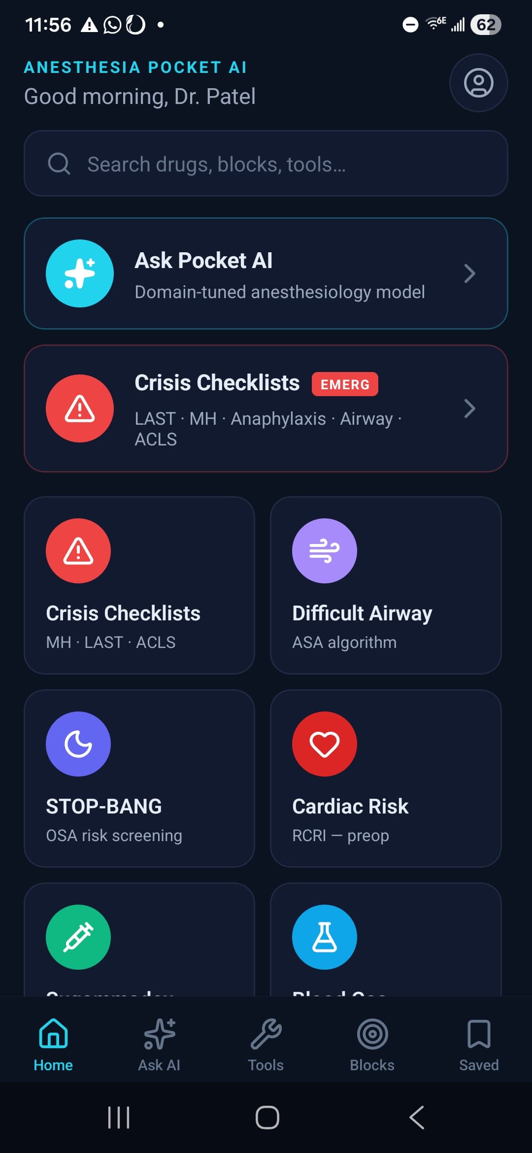 Helix Anesthesia home screen