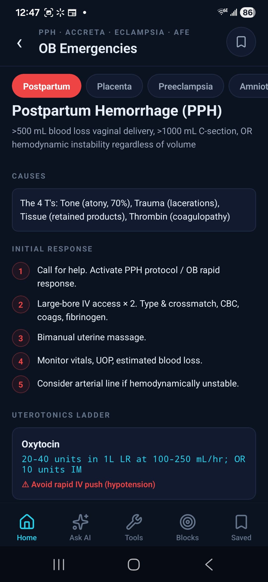 Postpartum hemorrhage protocol with causes, initial response, and uterotonics ladder