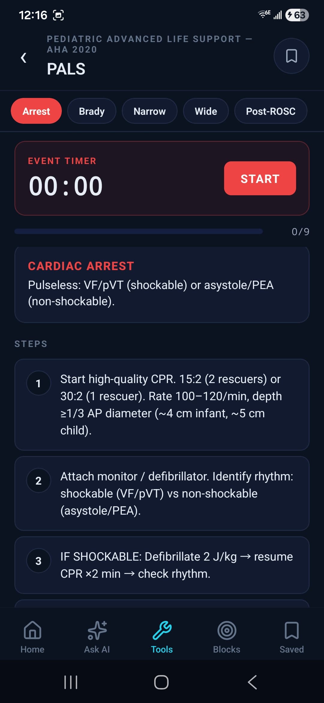 PALS pediatric cardiac arrest algorithm with event timer