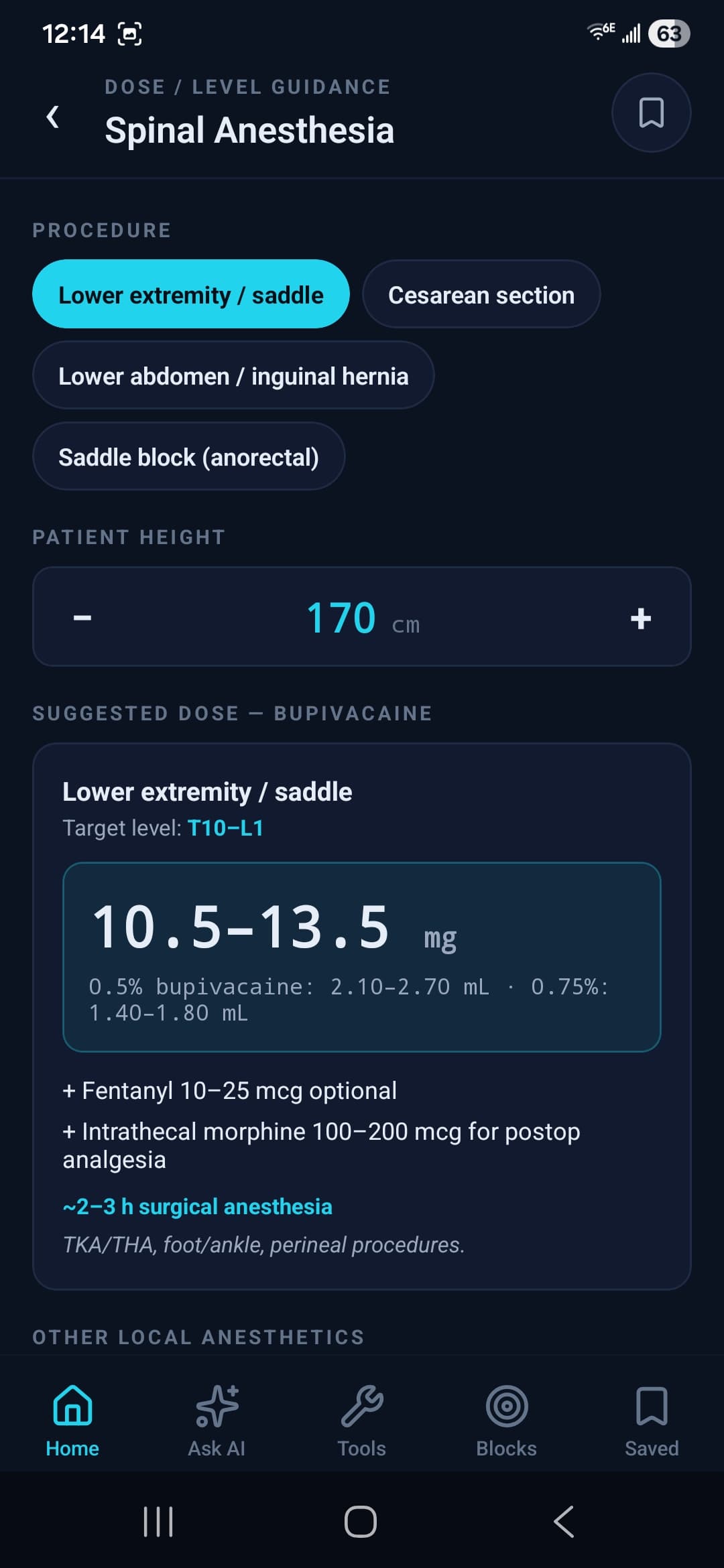 Spinal anesthesia dose calculator — height-adjusted bupivacaine for lower-extremity surgery
