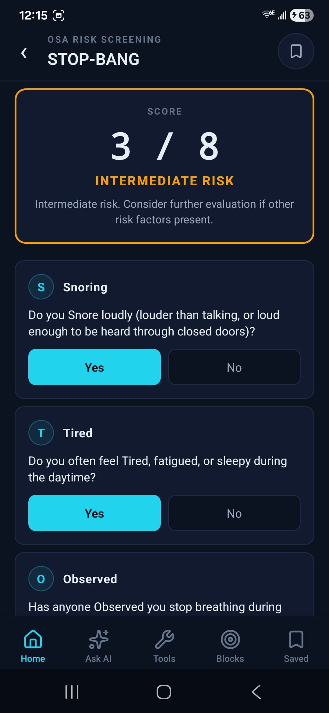 STOP-BANG OSA risk score showing 3 of 8 — intermediate risk